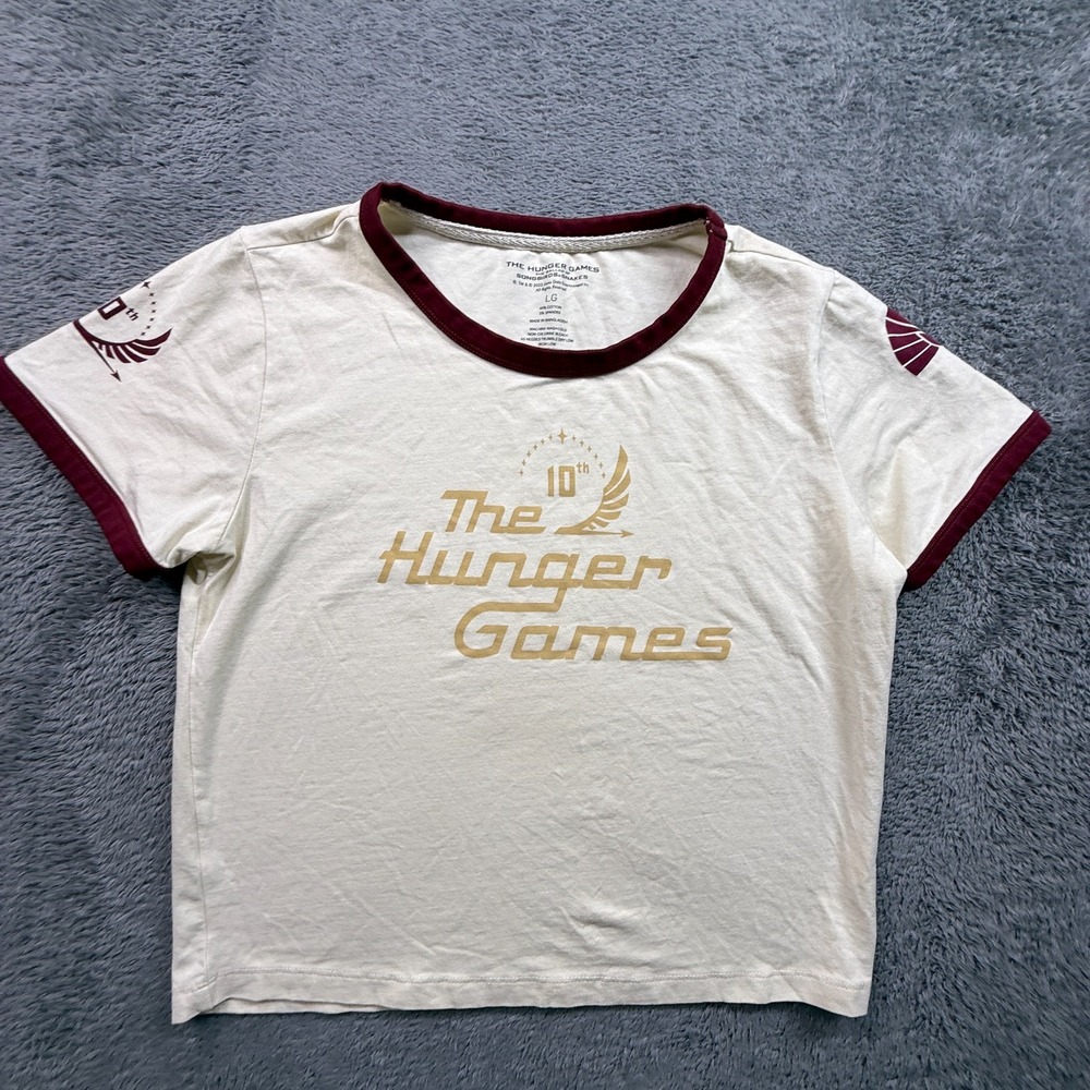 The Hunger Games Womens Ringer Tee Shirt L Ballad of Songbirds & Snakes 10th